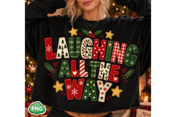 Christmas clipart typography design with colorful letters spelling Laughing All The Way on a black shirt
