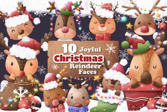Christmas clipart for holiday cards featuring 10 joyful reindeer faces with festive hats and scarves