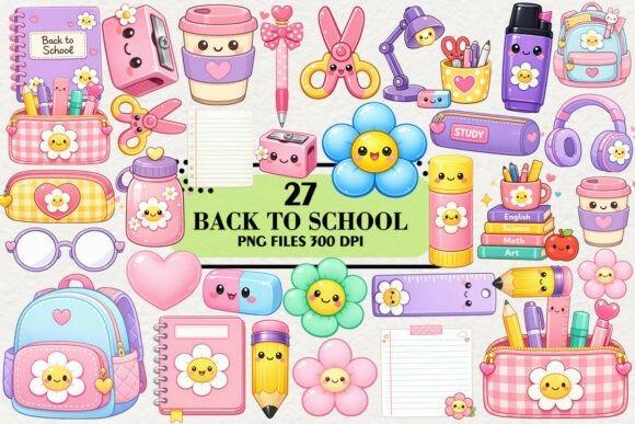 Kawaii Teacher Clipart Set Teacher clipart set with kawaii style school supplies including backpack, scissors, pencil, books, and flowers with smiling