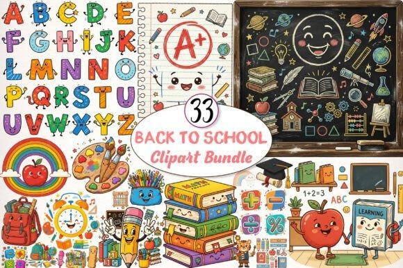 Kawaii Teacher Clipart Bundle Kawaii back to school teacher clipart with colorful letters, smiling books, apple, school supplies, and chalkboard