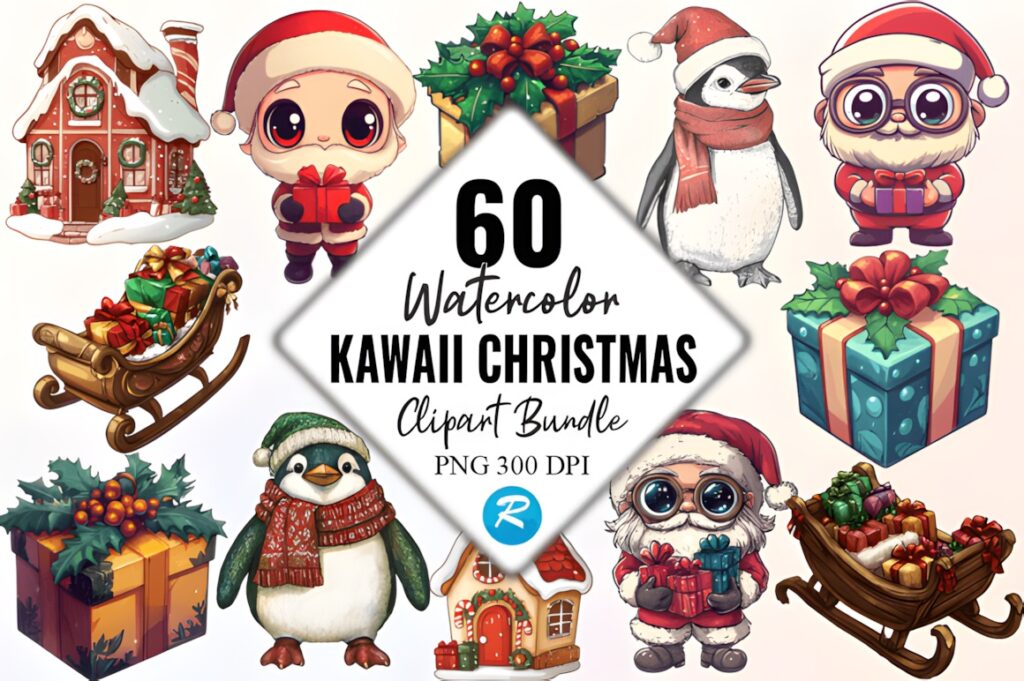 Kawaii Christmas decorations PNG featuring cute Santa, penguins, gifts, sleighs, and gingerbread houses in watercolor style