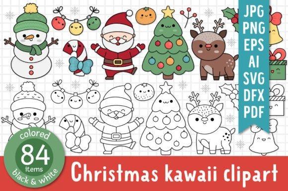 Christmas clipart featuring kawaii Santa, snowmen, decorated tree, reindeer, and festive animals in colorful and black &