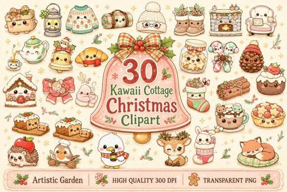 Kawaii cottage Christmas clipart set with 30 cute festive illustrations including animals, treats, and holiday items