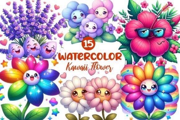 Cute flower clipart featuring colorful kawaii-style flowers with smiling faces and playful expressions