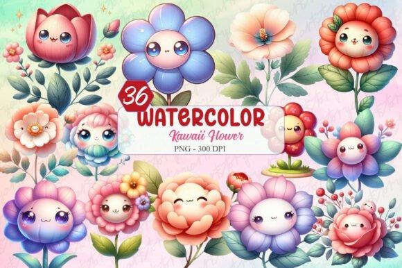 Cute flower clipart set with 36 kawaii watercolor designs featuring colorful smiling flowers with transparent backgrounds