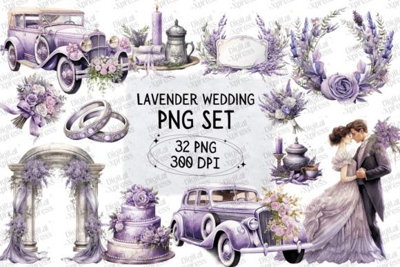 Lavender wedding clipart set with vintage car, rings, floral wreaths, cake, and romantic couple in soft purple tones