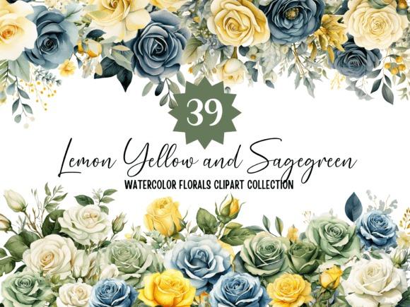 Lemon yellow and dusty blue floral clipart collection with 39 watercolor flower arrangements in transparent — flower clipart