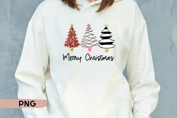 Christmas Tree PNG Designs for Sublimation featuring three stylized Christmas trees including a leopard print tree on a