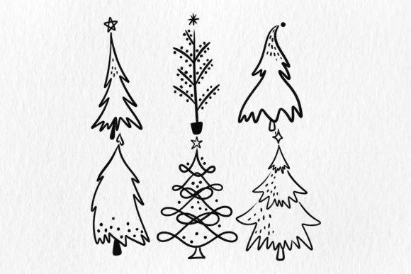 Line art Christmas Tree PNG designs for sublimation with simple hand-drawn black outlines on white background