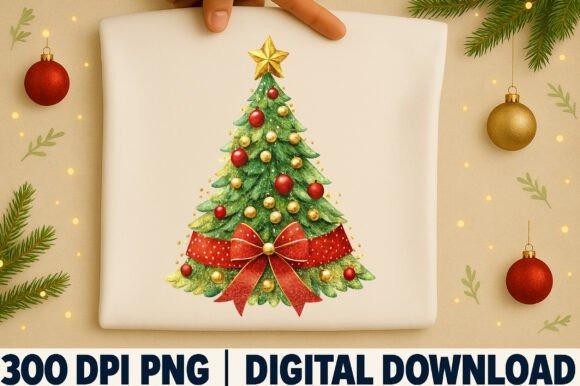 Christmas Tree PNG Designs for Sublimation featuring a decorated tree with red and gold ornaments and a red bow