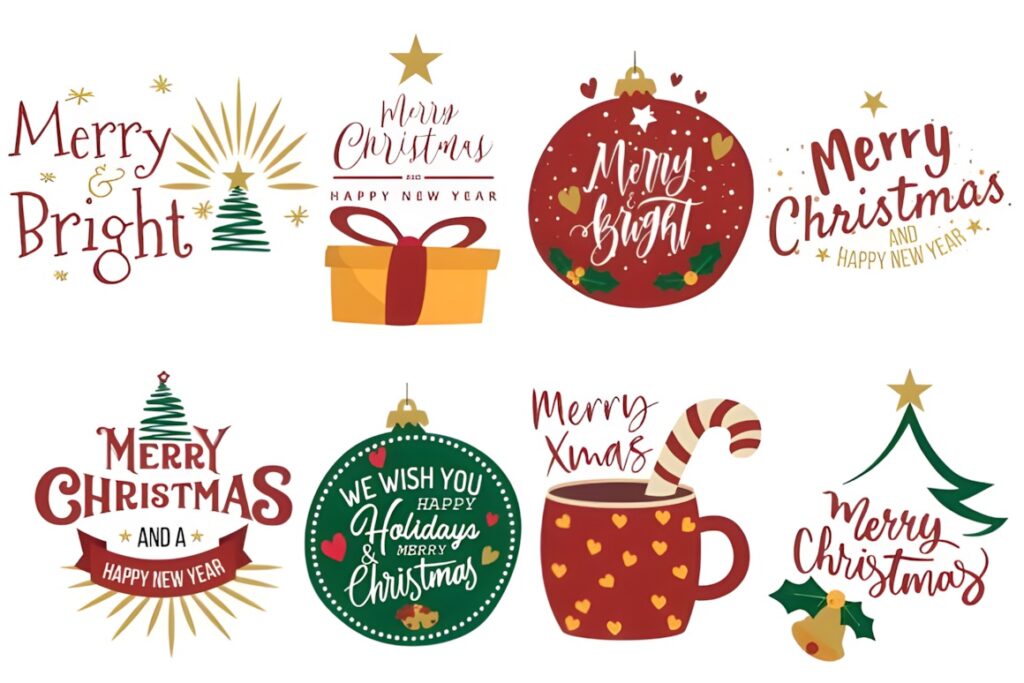 Christmas decorations PNG featuring holiday greeting graphics including ornaments, gift box, candy cane mug, and festive text
