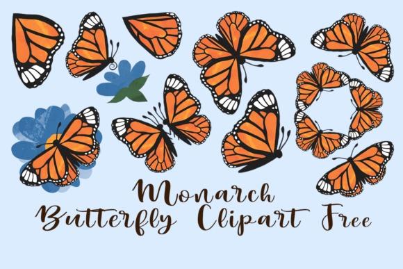 Monarch butterfly clipart set with 10 orange and black butterfly poses and blue floral accents