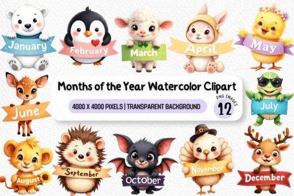 creative kids clipart bundles featuring watercolor animals representing each month of the year with banners