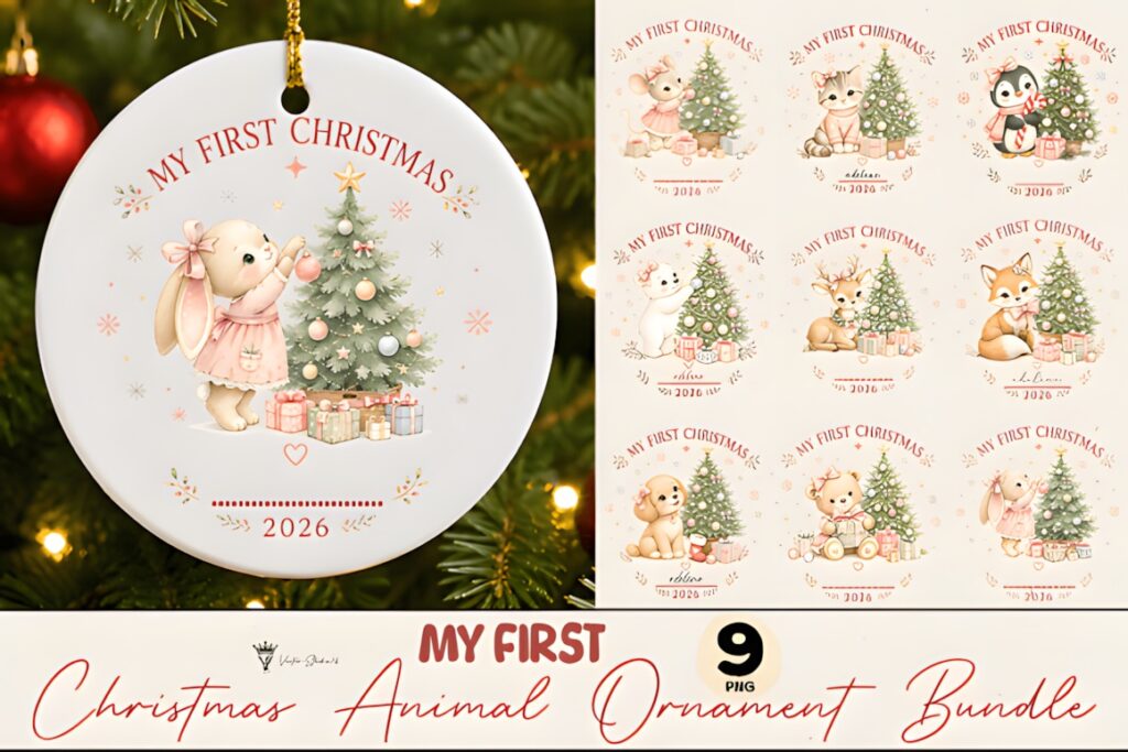 Christmas decorations PNG featuring My First Christmas Ornament Bundle with animal characters and decorated trees in