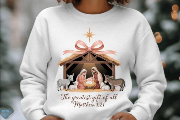 Nativity Christmas clip art showing Mary, Joseph, baby Jesus in a stable with animals and a star