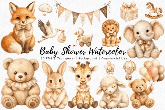 kids clipart of neutral baby shower animals including fox, elephant, bear, bunny, giraffe, lion, lamb, and duck with
