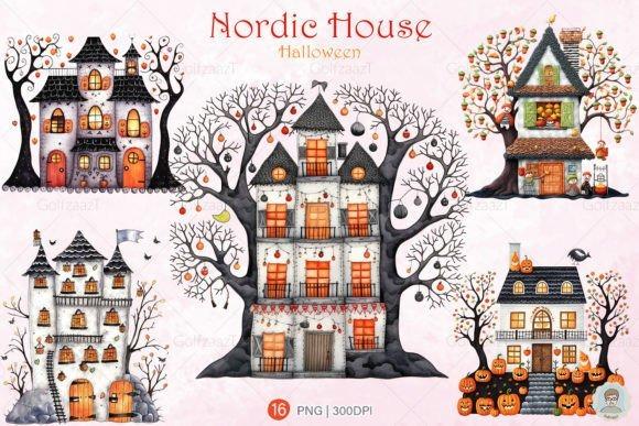 Halloween clipart featuring five Nordic-style haunted houses with pumpkins and bare trees