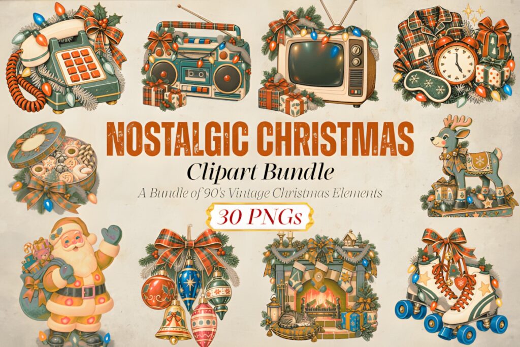 Nostalgic Christmas decorations PNG bundle with vintage holiday elements including Santa, ornaments, retro TV, and gifts