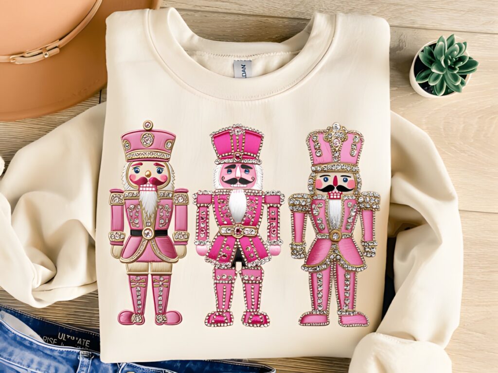 Xmas PNG Designs featuring three pink nutcracker characters on a white sweatshirt