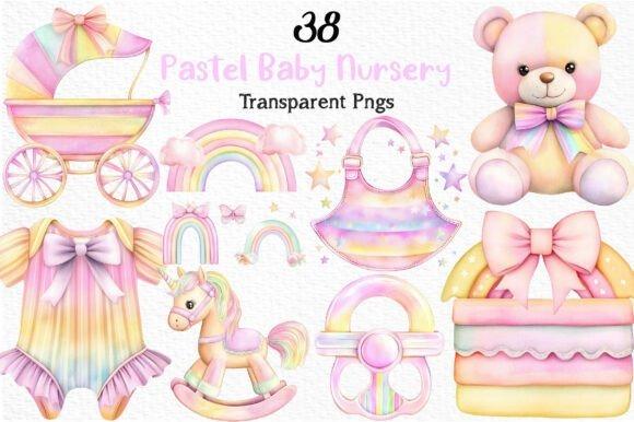 kids clipart featuring pastel watercolor baby accessories including pram, teddy bear, rainbows, dress, rocking horse