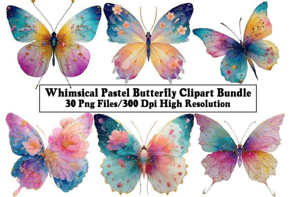 Watercolor butterfly clipart bundle with six pastel butterflies in various colors and floral patterns