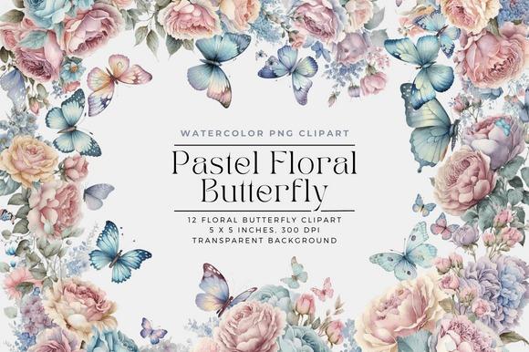 Pastel flower butterfly clipart with soft blue butterflies and pink floral decorations for butterfly clipart for sticker