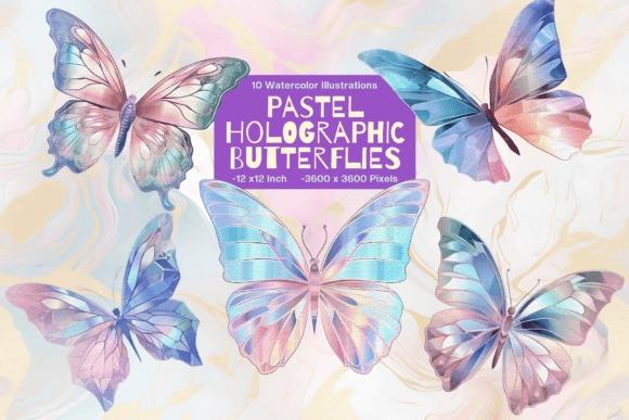 Pastel holographic butterfly clipart for sticker with iridescent wings in soft blue and pink tones