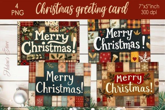 Patchwork Christmas greeting card designs with Merry Christmas text in various plaid — Christmas clipart for holiday cards