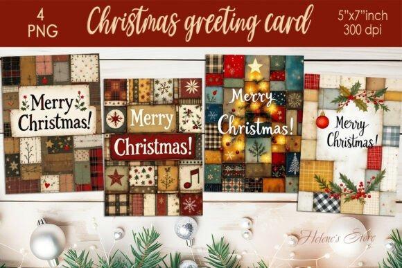 Patchwork Christmas greeting cards with varied plaid and festive patterns saying Merry — Christmas clipart for holiday cards