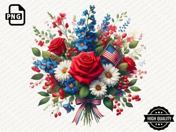 Flower Clipart bouquet with red roses, white daisies, blue flowers, and an American flag for patriotic floral design