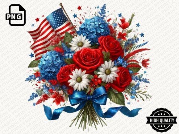Flower Clipart of patriotic bouquet with red roses, white daisies, blue hydrangeas, American flag, and blue ribbon