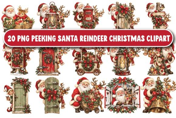 Christmas Clipart featuring Santa and reindeer peeking from doors, lanterns, and holiday objects in various poses