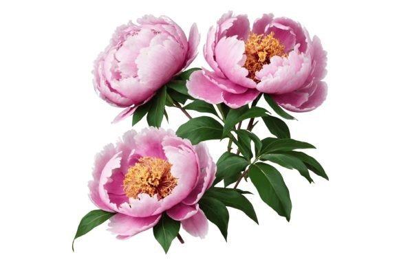 Pink peony flower clipart with green leaves in high resolution transparent PNG