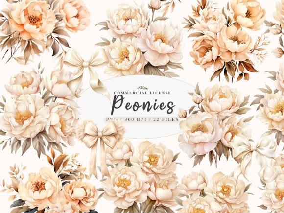 flower clipart of soft beige and peach peony blooms with leaves and decorative bows in a painterly boho style