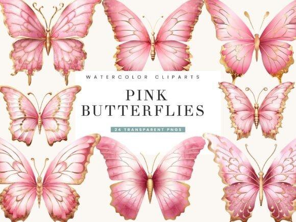 Pink butterfly clipart set with 24 watercolor illustrations in transparent PNG format