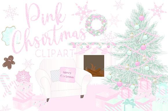 Pink Christmas clipart with tree, wreath, fireplace, gifts, and festive decorations in a coordinated pink palette