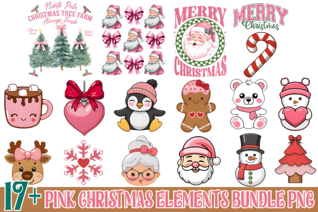 Christmas Elements PNG featuring pink-themed holiday icons including Santa, penguin, reindeer, snowman, and festive