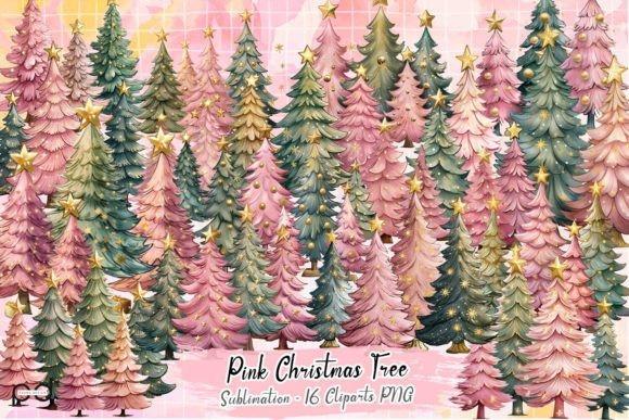 Christmas Tree PNG Designs for Sublimation featuring pink and green stylized Christmas trees with star toppers