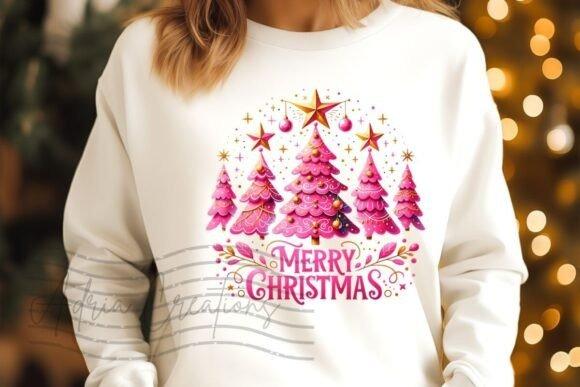 Christmas Tree PNG Designs for Sublimation pink Christmas trees with stars and Merry Christmas text on white sweatshirt