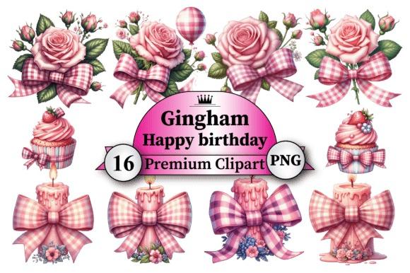 Best happy birthday clipart featuring pink gingham bows, roses, cupcakes, and candles in a coordinated pink birthday theme