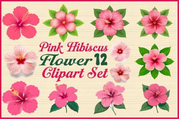 12 pink hibiscus flower clipart designs with green leaves in a tropical style