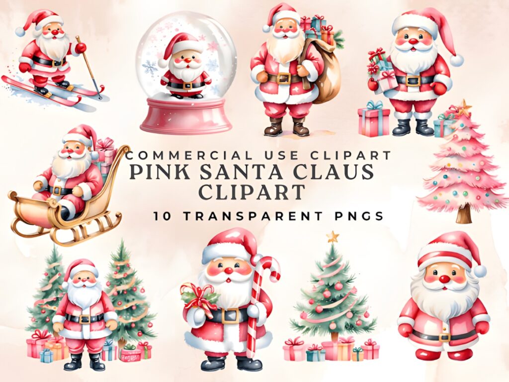 Santa Claus clipart set with pink-themed Santa in various poses and Christmas trees with gifts