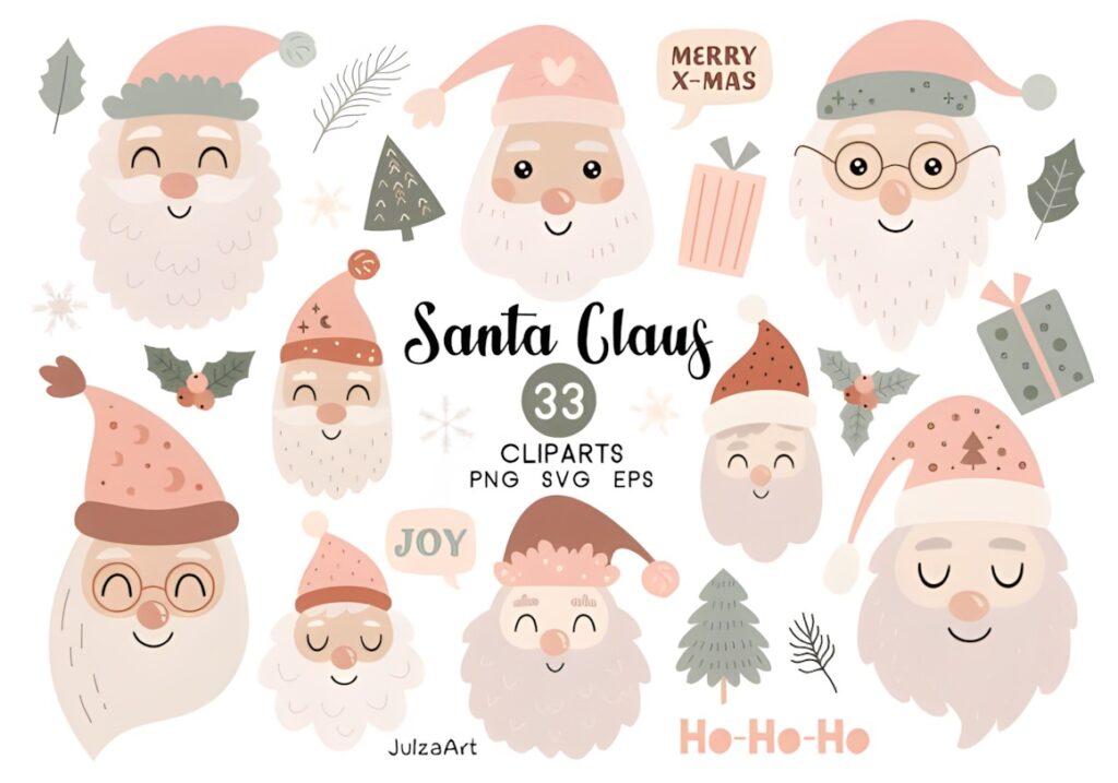 Santa Claus clipart set with various smiling Santa faces, gifts, trees, and holiday elements in soft pastel colors