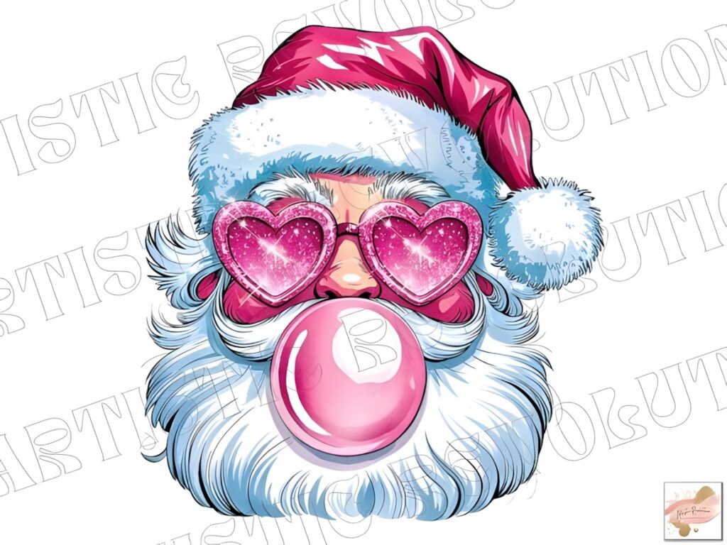 Santa Claus clipart with pink heart-shaped sunglasses and pink bubble gum blowing