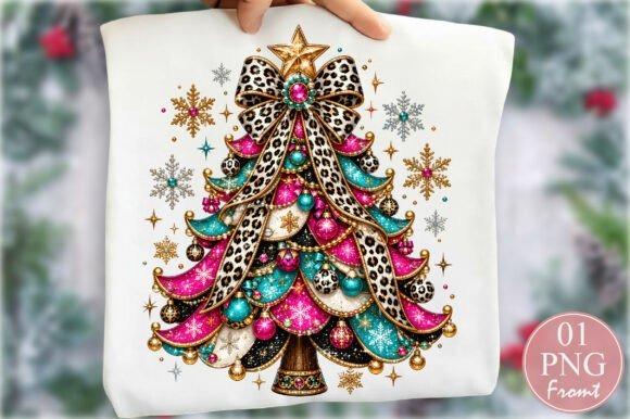 Christmas clipart of a pink and teal Christmas tree with leopard print bow and decorative ornaments