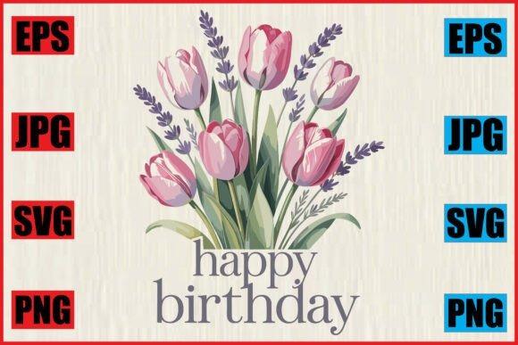Pink tulip flower clipart with happy birthday text and file format labels EPS, JPG, SVG, PNG