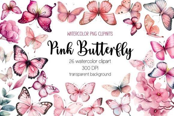 Pink watercolor butterfly clipart bundle with 26 transparent PNG designs at 300 DPI