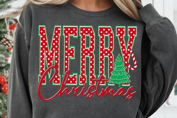 Christmas clipart with polka-dot Merry Christmas typography and green Christmas tree on dark sweatshirt