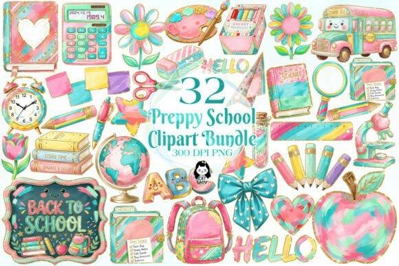 Preppy Back to School Clipart — teacher clipart Colorful preppy back to school teacher clipart set with school supplies, books, globe, bus, and decorative elements