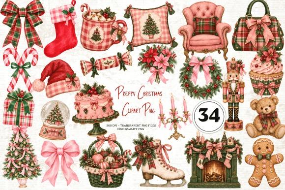 Christmas clipart set with 34 festive PNG images including Santa, reindeer, ornaments, wreaths, and holiday decor